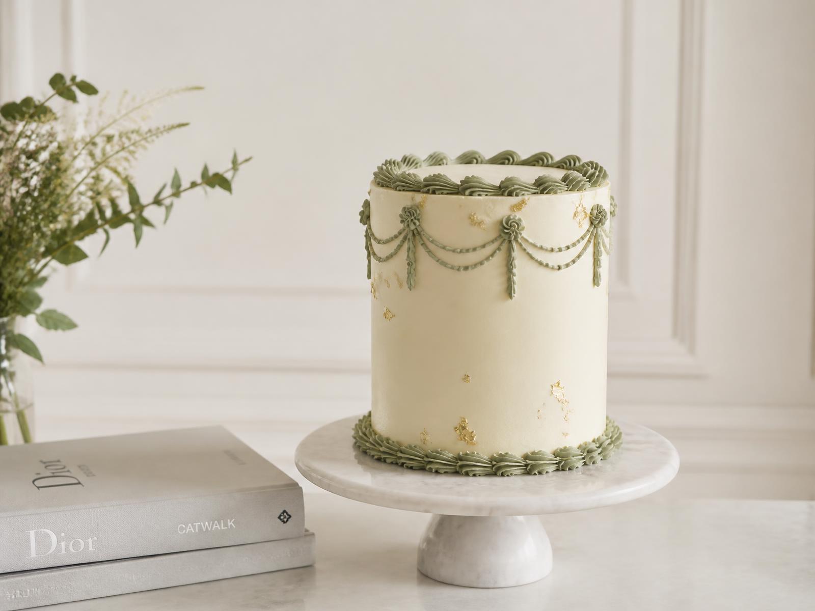 Ivory buttercream cake with sage green piping and gold leaf detail by Cake by CM