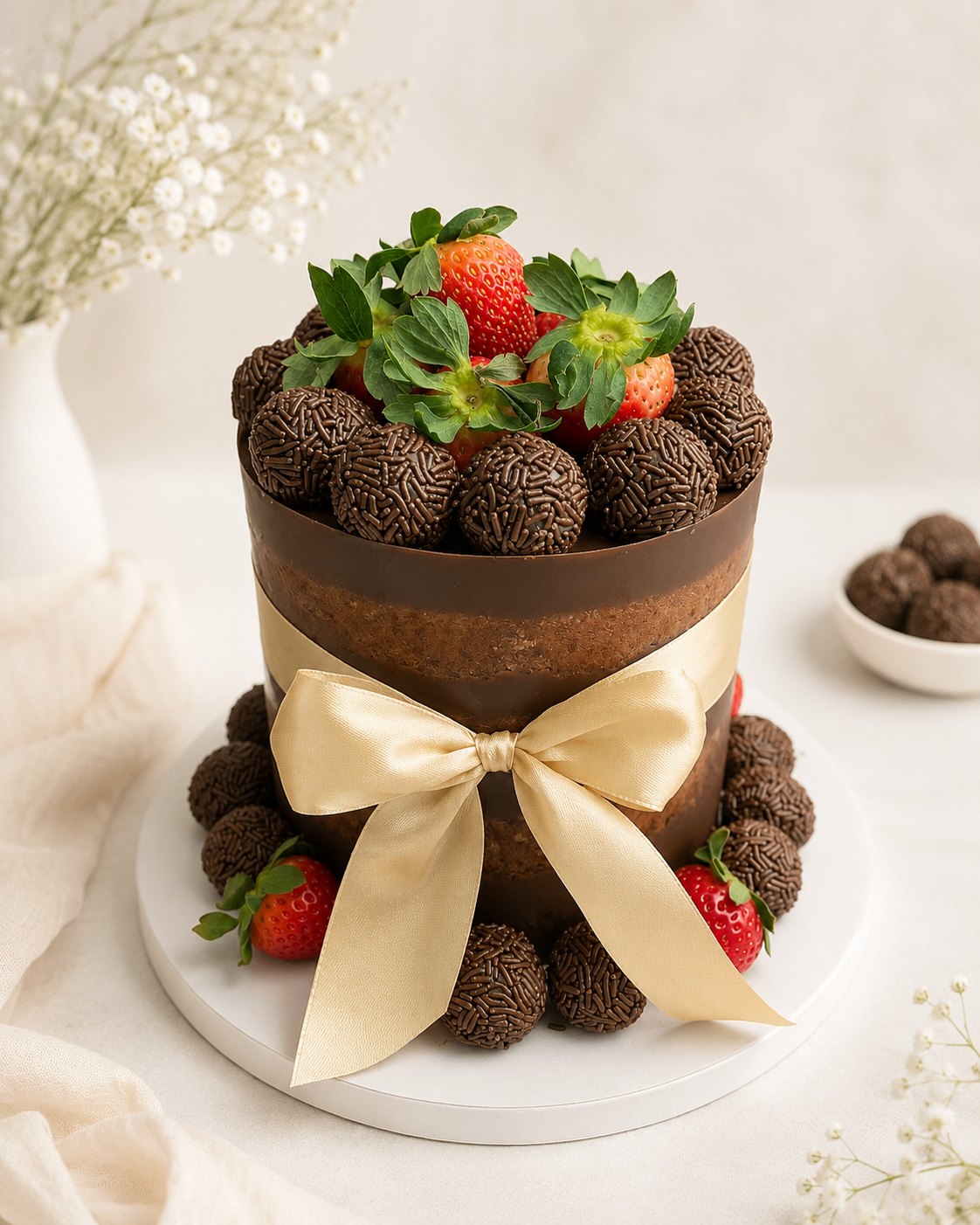 Chocolate acetate cake with brigadeiros, strawberries and a gold bow